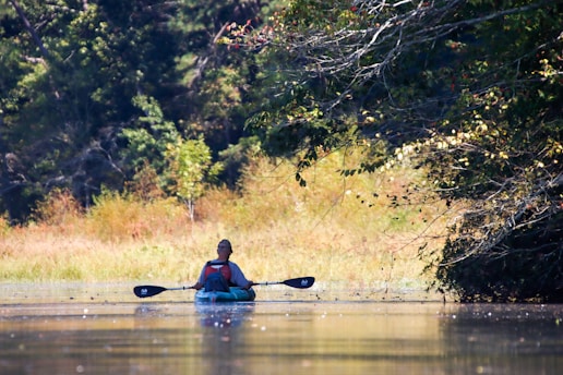 A person is kayaking on a calm body of water surrounded by dense greenery and trees. The individual is wearing a life jacket and paddling leisurely under a canopy of overhanging branches. Sunlight filters through the leaves, creating a serene and peaceful atmosphere.