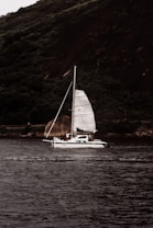 A sailboat with white sails navigates through a calm body of water, with a lush green hillside in the background. Several people are visible on the boat, engaging in various activities. The hillside is dense with trees and vegetation, creating a natural, serene backdrop.