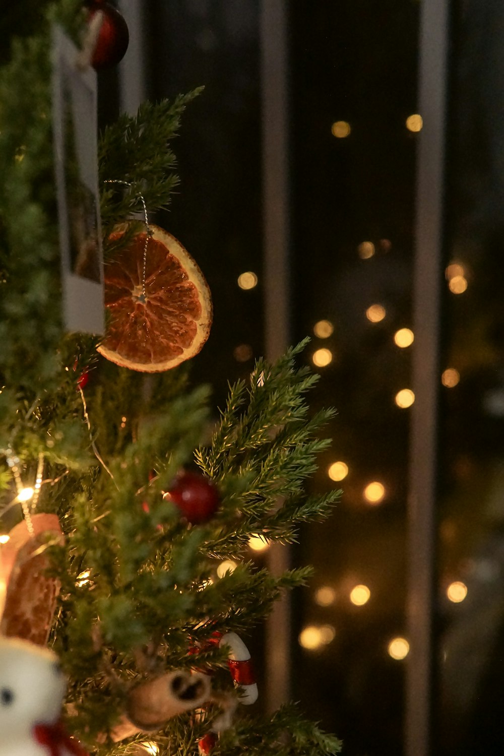 a christmas tree with oranges and a teddy bear