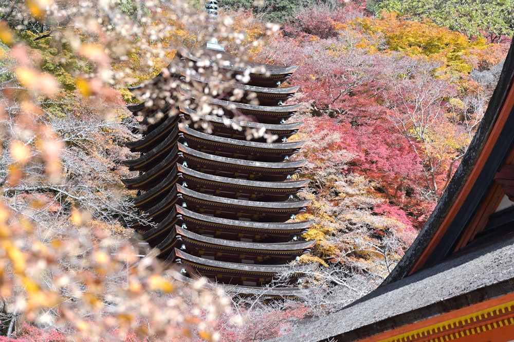 a view of a building in the middle of a forest