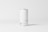 A plain white aluminum can is placed against a minimalistic, light gray background. The can has a sleek and smooth surface with text indicating a capacity of 200ml, and includes a small QR code and website information near the bottom.