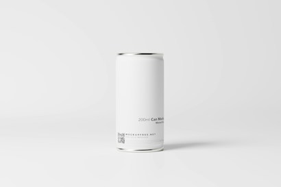 A plain white aluminum can is placed against a minimalistic, light gray background. The can has a sleek and smooth surface with text indicating a capacity of 200ml, and includes a small QR code and website information near the bottom.