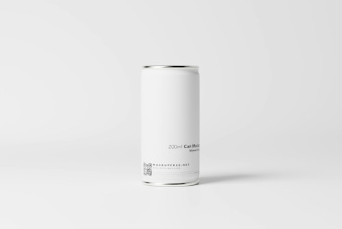 A plain white aluminum can is placed against a minimalistic, light gray background. The can has a sleek and smooth surface with text indicating a capacity of 200ml, and includes a small QR code and website information near the bottom.