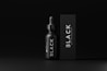 A minimalistic design featuring a black dropper bottle and a matching rectangular box both labeled with the word 'BLACK'. The overall aesthetic is sleek and modern, with smooth matte textures and white text contrasting against the dark background.