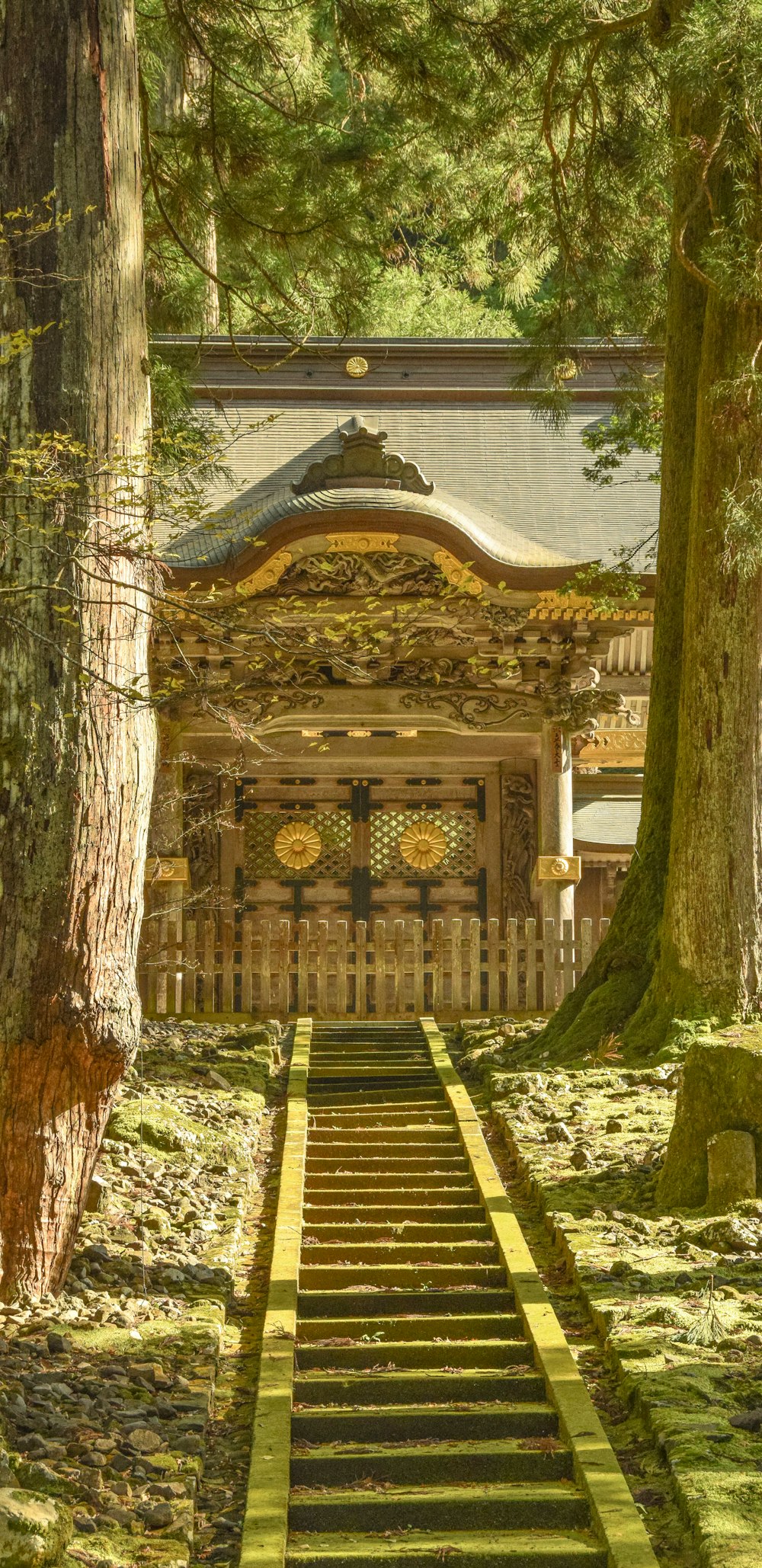 a path leading to a shrine in a forest