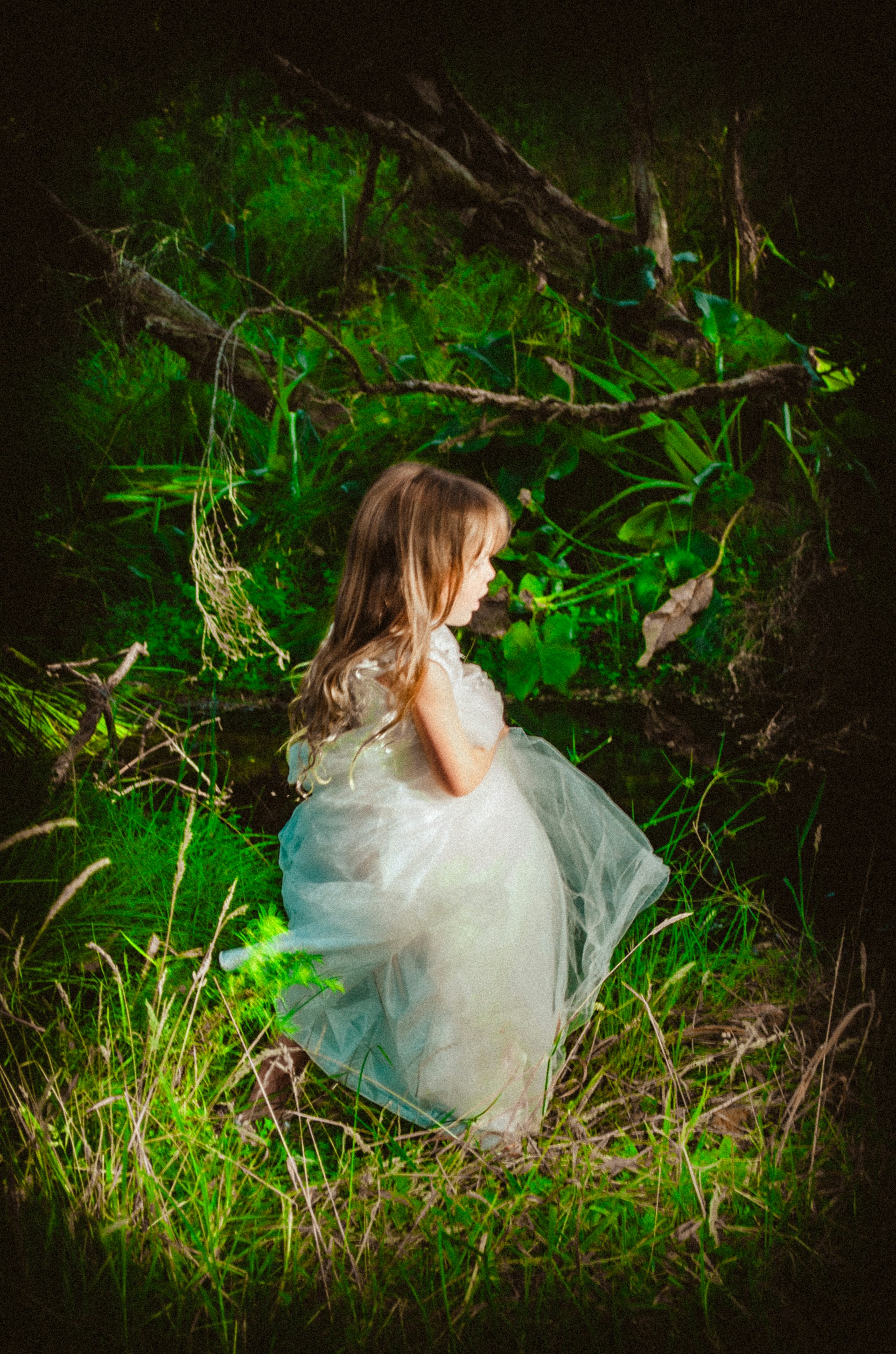 A dreamy fantasy scene featuring a young girl as a princess in an enchanted forest, with soft light filtering through magical trees.