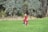 A woman and two children, all dressed in matching red and black plaid outfits, are standing together on lush green grass. They are surrounded by tall trees with dense foliage, creating a natural and serene setting.