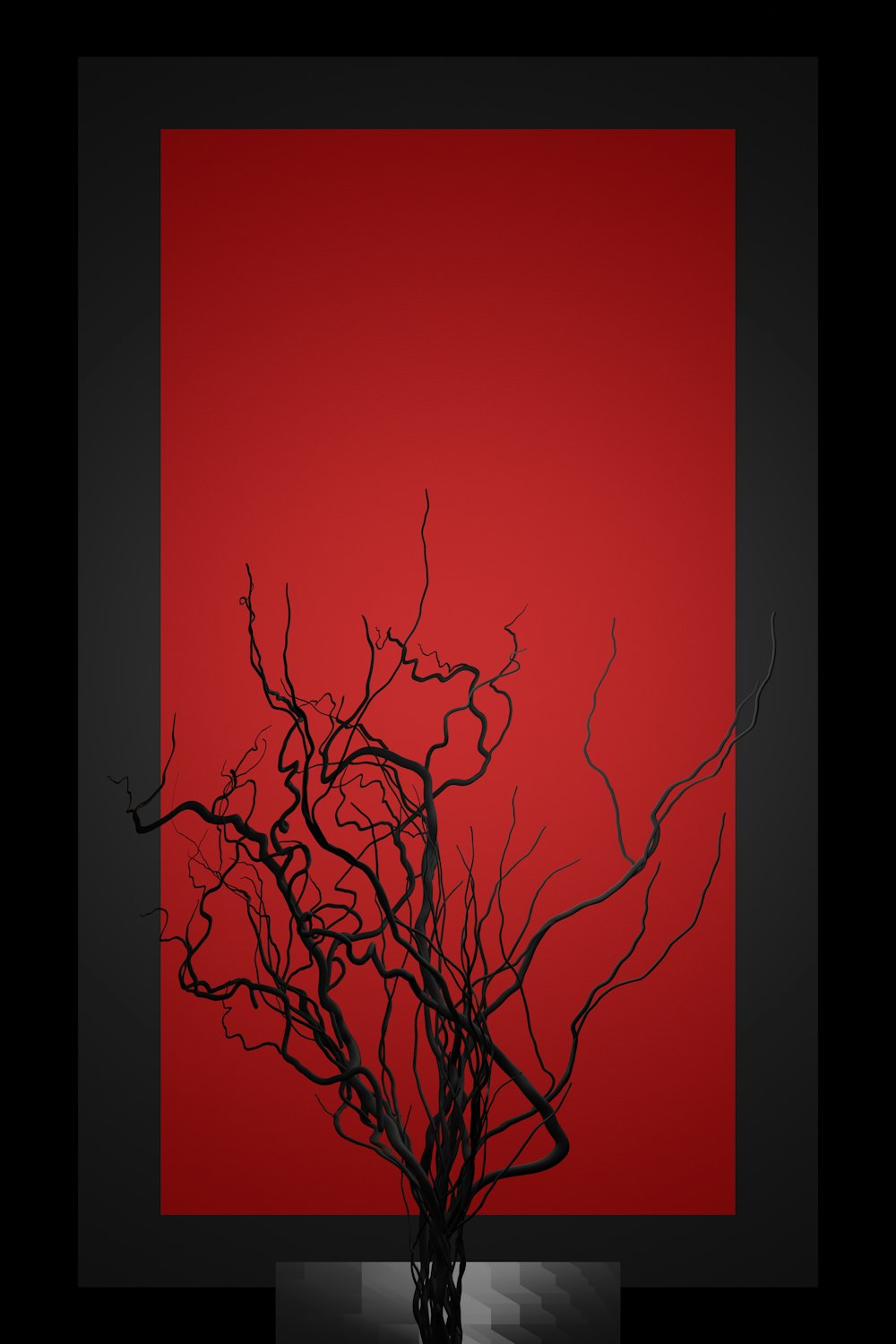 a black and red picture of a tree in a vase