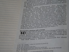 A close-up view of a Bible page with text focusing on verses from the book of Daniel. The text is in English and includes subheadings and verse numbers. Part of the text is bold, specifically the number 10 at the beginning of a new section titled 'Daniel's vision of a man'. The background of the page is white, and the text is printed in black, with some annotations in the form of small superscript letters.