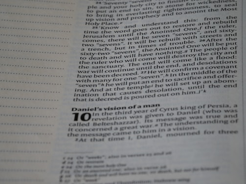 A close-up view of a Bible page with text focusing on verses from the book of Daniel. The text is in English and includes subheadings and verse numbers. Part of the text is bold, specifically the number 10 at the beginning of a new section titled 'Daniel's vision of a man'. The background of the page is white, and the text is printed in black, with some annotations in the form of small superscript letters.