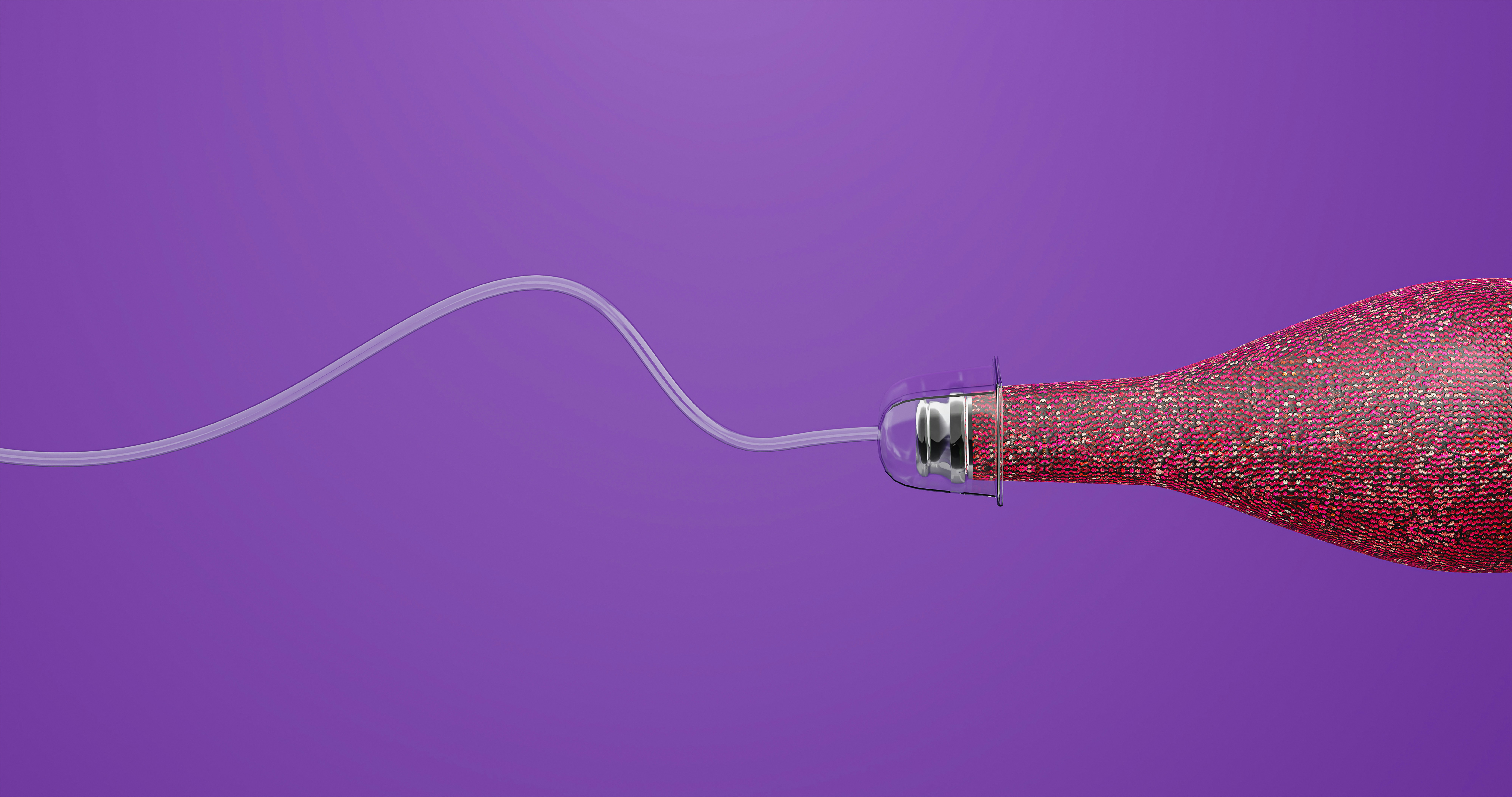 Bottle of champagne in shiny red-pink sparkling wrap hanging in drip stand on blue background with copyspace. Meeting New Year and Christmas. Celebrating happy holiday. 3d illustration, 3d rendering.
