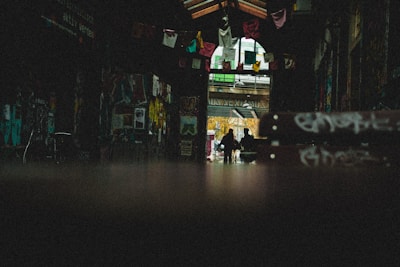 A dimly lit alleyway with colorful graffiti covering the walls. Cloth banners hang from above, and distant silhouettes of people are seen at the entrance. The scene has a gritty, artistic atmosphere.