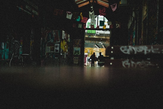 A gritty urban alley backdrop with bold graffiti and a display of Trenchboy Mafia hoodies and hats.