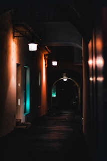 An eerie, dimly lit alley with faint glowing orbs floating above the cobblestones.