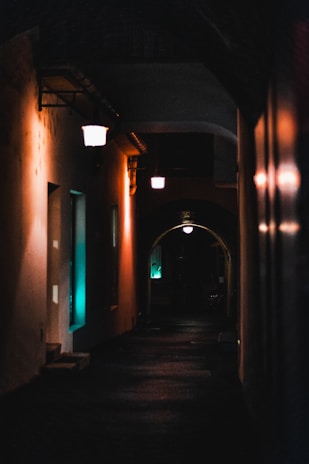 An eerie, dimly lit alley with faint glowing orbs floating above the cobblestones.