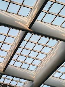 A modern architectural ceiling design with a grid of large square glass panels, allowing natural light to filter through. The structure features intersecting metal beams and creates a pattern of shadows and reflections across the glass.