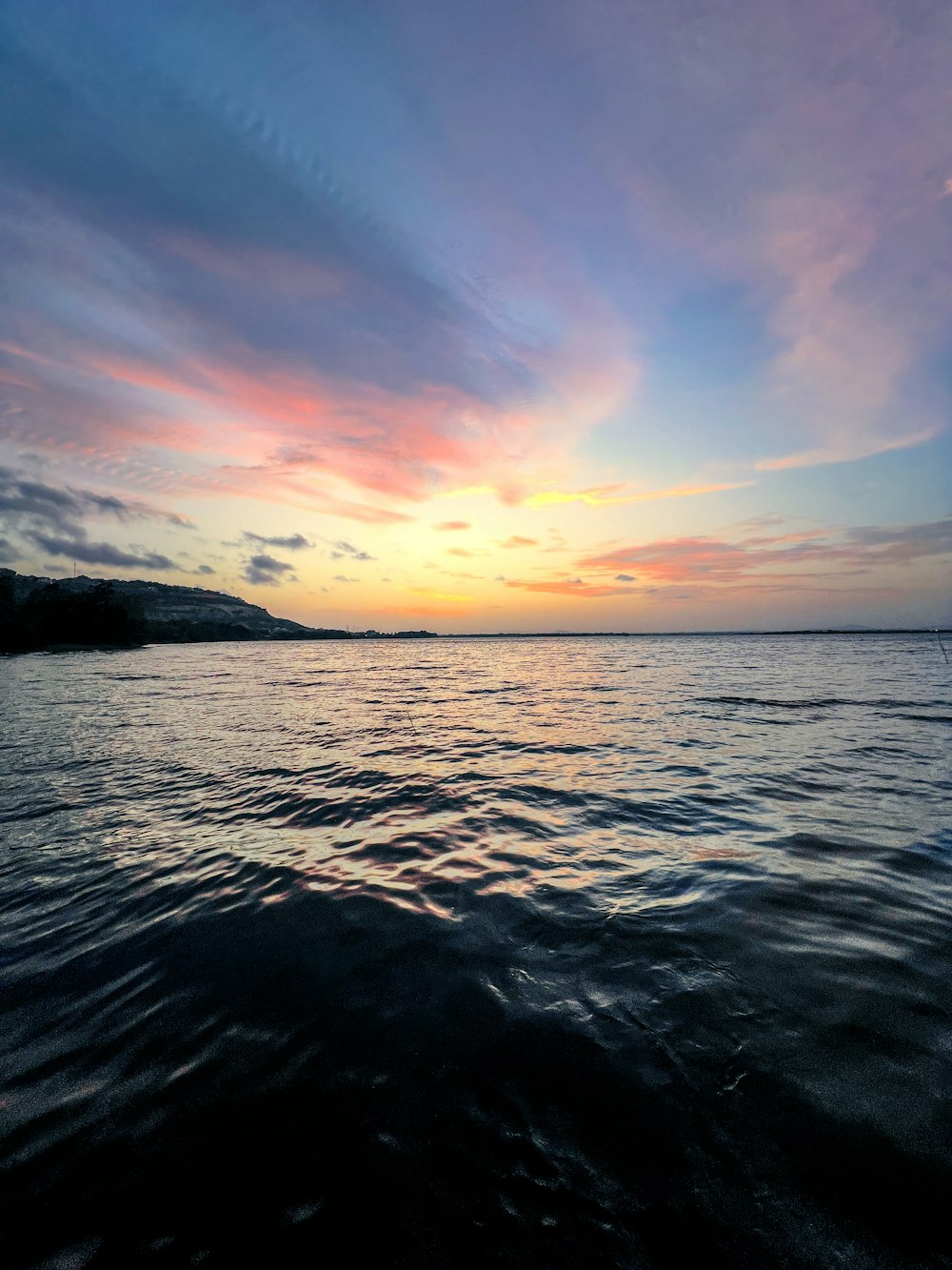 the sun is setting over a body of water