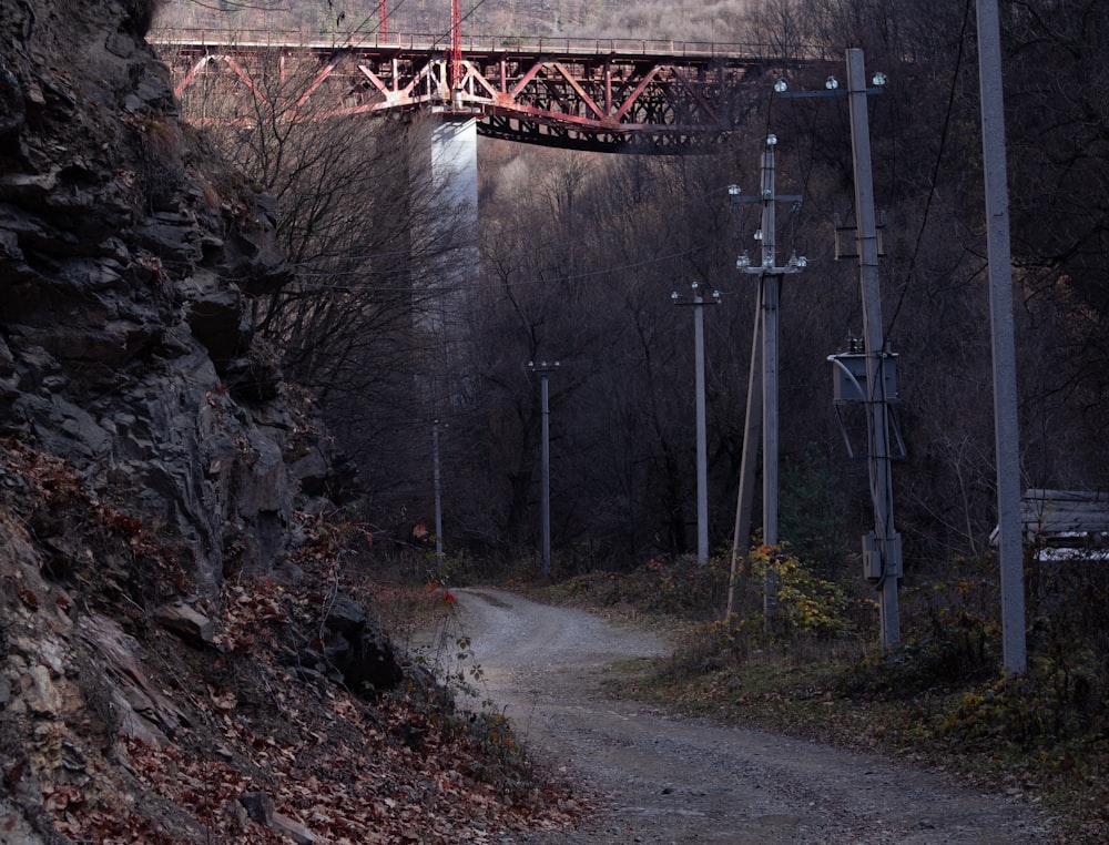 a dirt road with a bridge in the background