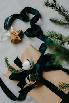 Cozy Christmas gift wrapped with red ribbon and pine cones