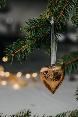 a wooden heart ornament hanging from a christmas tree