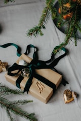 A gift wrapped in brown paper is adorned with a dark green ribbon and decorative golden accents. The package is set on a light-colored fabric surface, with pine branches scattered around, suggesting a festive or holiday theme. A shiny heart ornament rests nearby.