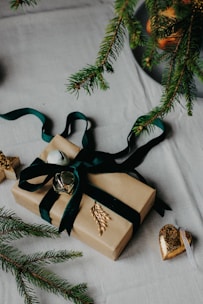 A gift wrapped in brown paper is adorned with a dark green ribbon and decorative golden accents. The package is set on a light-colored fabric surface, with pine branches scattered around, suggesting a festive or holiday theme. A shiny heart ornament rests nearby.
