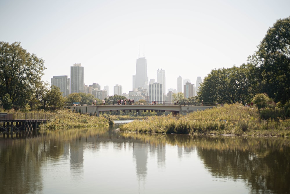 a bridge over a body of water with a city in the background