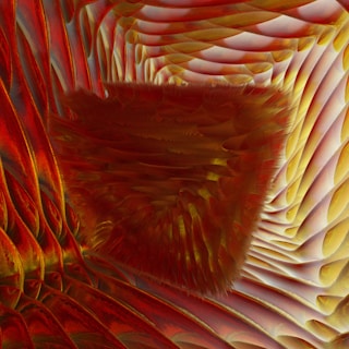 A digital abstract art piece characterized by swirling and layered textures. The predominant colors are warm reds, yellows, and oranges, creating a sense of depth and movement. The patterns are intricate, resembling folds or waves.