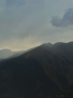 A serene landscape painting of a mountain range under a cloudy sky with subtle earthy tones.
