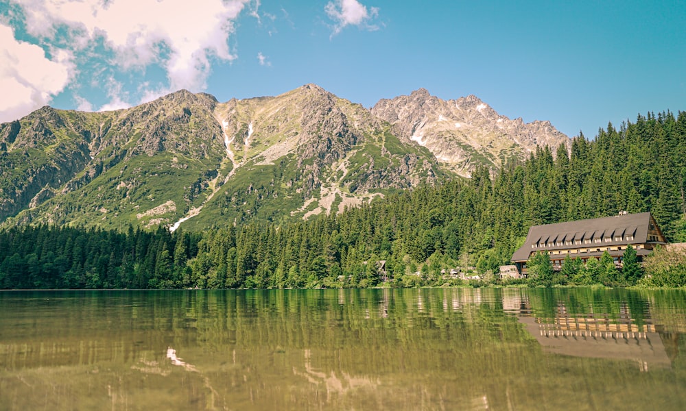 a lake surrounded by mountains and trees