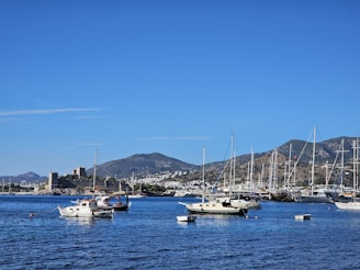 Several sailboats and yachts are anchored in a calm harbor, with clear blue skies above and a backdrop of mountainous terrain. In the distance, a historic stone castle stands on the coastline.