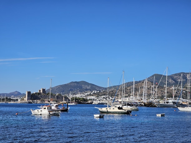 Several sailboats and yachts are anchored in a calm harbor, with clear blue skies above and a backdrop of mountainous terrain. In the distance, a historic stone castle stands on the coastline.