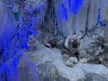 A winter-themed scene featuring a snow-covered environment. A lifelike snow leopard with a fluffy mane lies on icy terrain, surrounded by frost-covered trees and rocks. A white rabbit and a small bird are positioned nearby, adding to the naturalistic setting. The scene is illuminated with cool blue lighting, enhancing the icy atmosphere.
