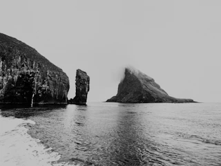 A black and white photograph of a coastal landscape featuring rugged cliffs and a prominent rock formation emerging from the water. The sky is overcast, adding a moody atmosphere to the scene. The water reflects the textures of the cliffs, creating a sense of tranquility.