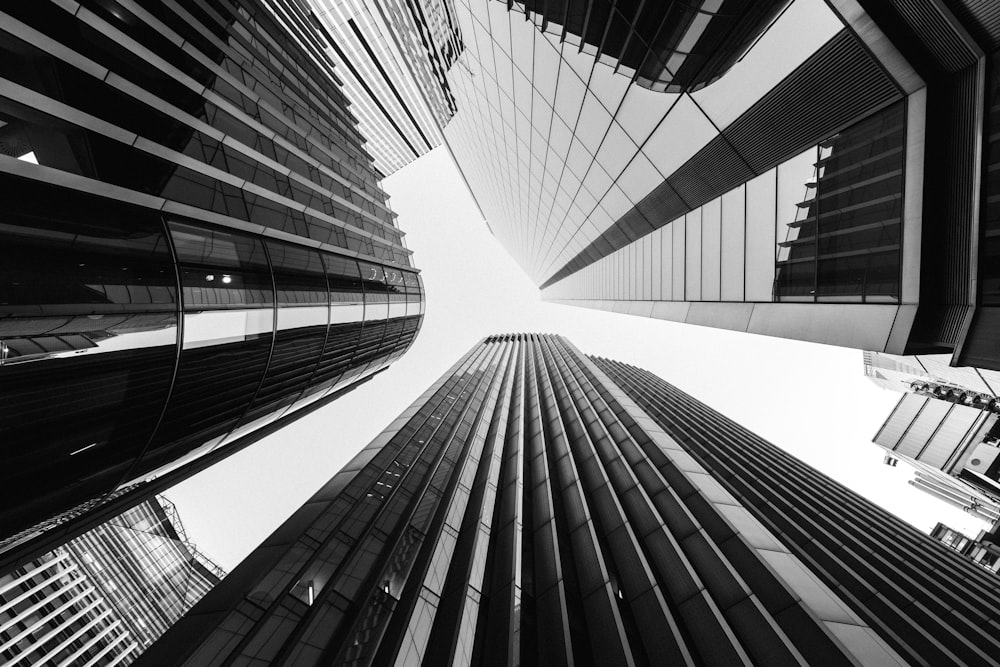 a black and white photo of tall buildings