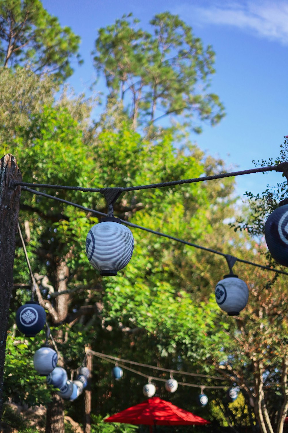 a bunch of lights hanging from a wire