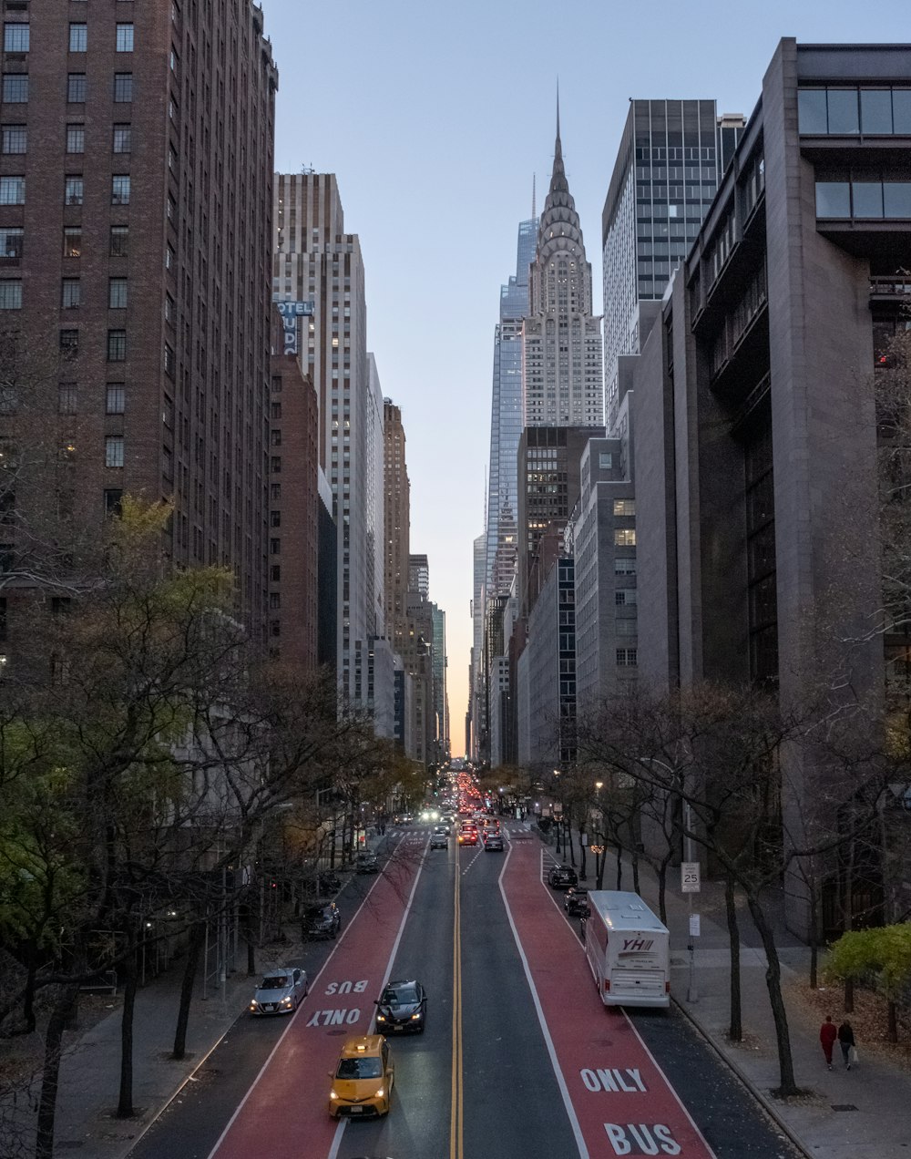 a city street lined with tall buildings and trees