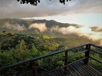 A peaceful wooden deck overlooking misty Jeseníky mountains at sunrise.