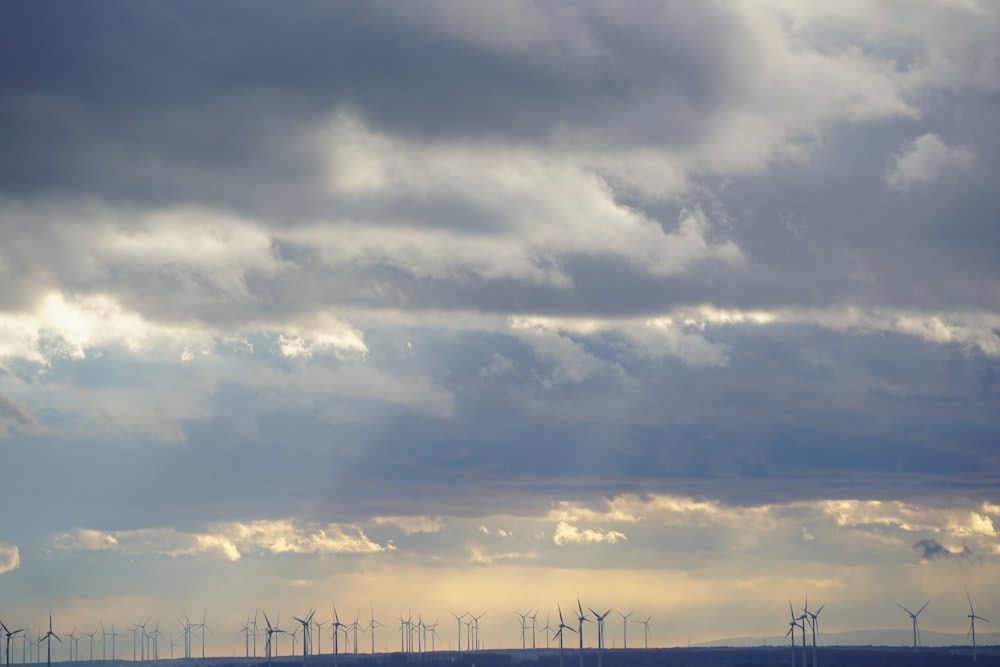 a field of wind turbines under a cloudy sky