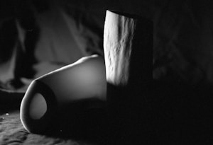 A monochromatic image features two abstract shapes with a soft focus. The lighting creates a dramatic contrast between light and shadow, enhancing the textures on the surfaces of the objects.