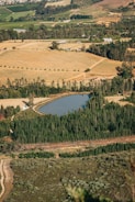 A scenic landscape featuring expansive fields with neatly arranged crops. A small lake is surrounded by dense evergreen forests. The background consists of more cultivated fields and scattered trees, indicating agricultural activity in the area.