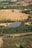 A scenic landscape featuring expansive fields with neatly arranged crops. A small lake is surrounded by dense evergreen forests. The background consists of more cultivated fields and scattered trees, indicating agricultural activity in the area.
