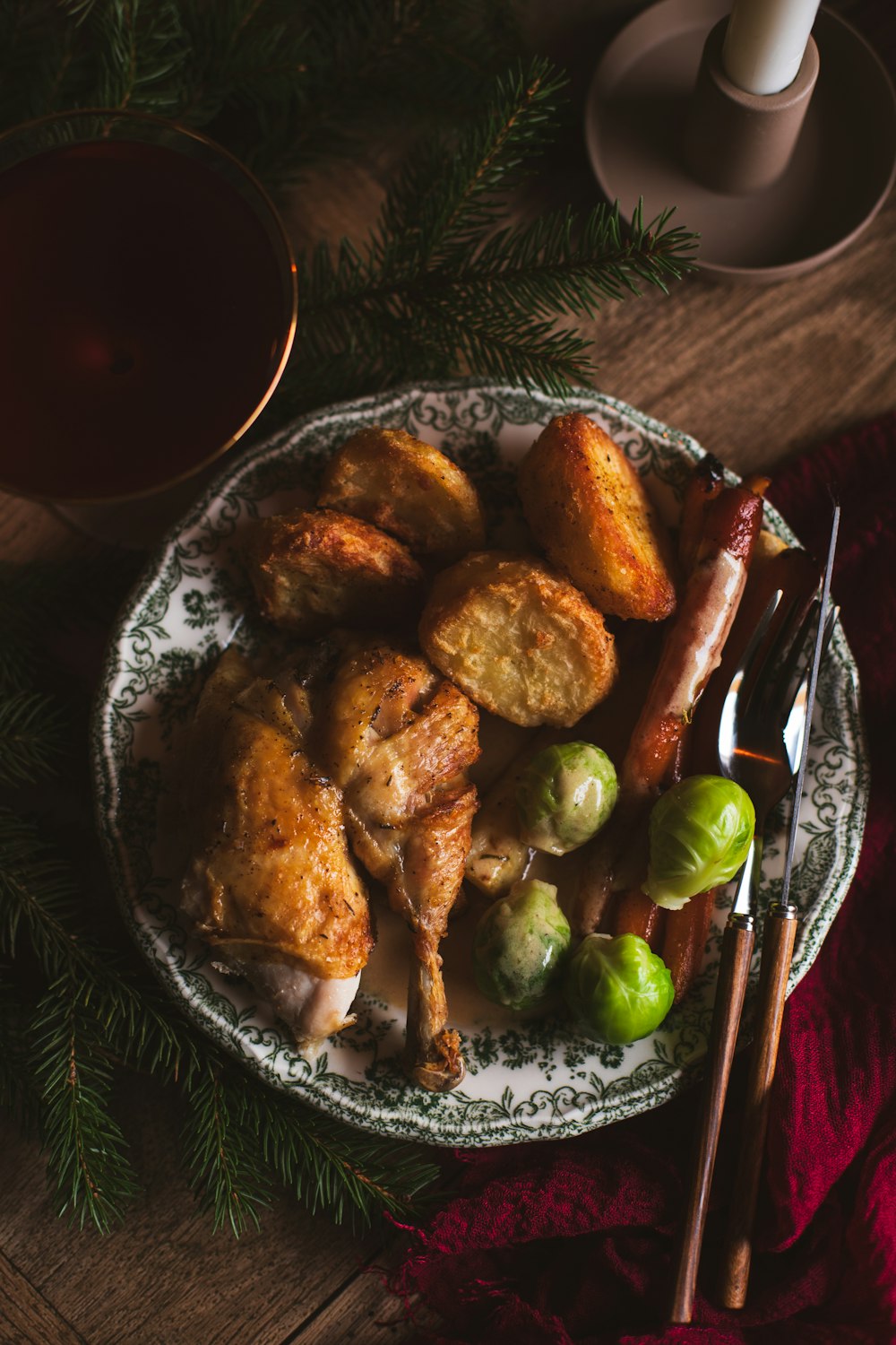 a plate of food on a wooden table