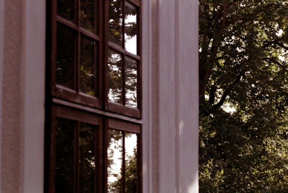 A close-up of a sleek steel window frame with Kerala greenery reflected in the glass.