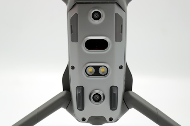 Close-up of a drone equipped with safety sensors, ready for urban airspace.