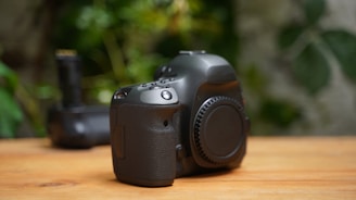 A sleek DSLR camera resting on a wooden table with a blurred background of nature.