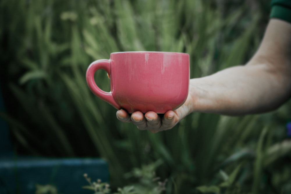 a person holding a pink coffee cup in their hand
