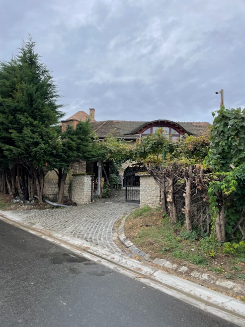 A rustic stone house with a tiled roof, surrounded by dense greenery and tall trees. The entrance is marked by a stone archway and a metal gate. The cobblestone driveway curves gently from the street to the entrance, providing an inviting pathway. The sky above is overcast, suggesting a cool or drizzly day.