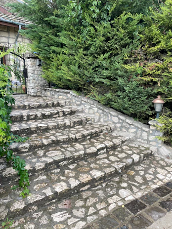 Modern masonry steps leading up to a sleek garden entrance