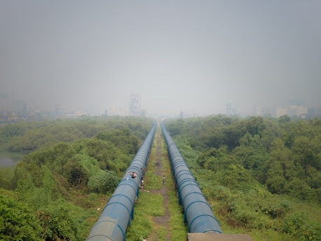 A large blue pipeline stretches into the distance, cutting through dense green foliage. The sky is overcast with a light haze, and a few buildings are faintly visible in the hazy background.